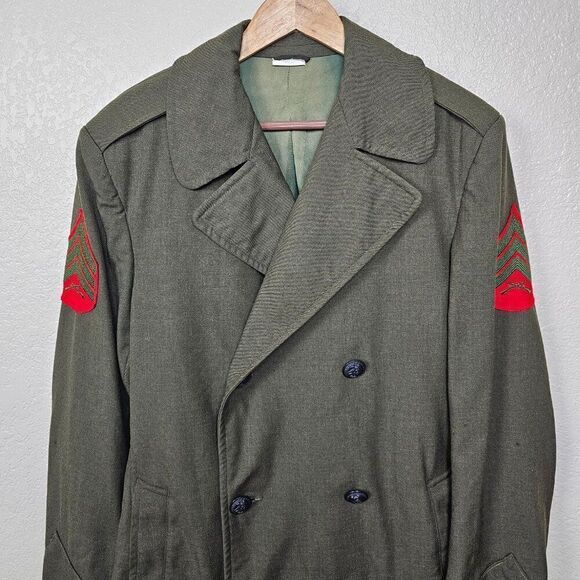 Overcoat Wool Serge Green Men's 38L USMC Marine Core Army Trench Coat Vintage - Picture 3 of 15